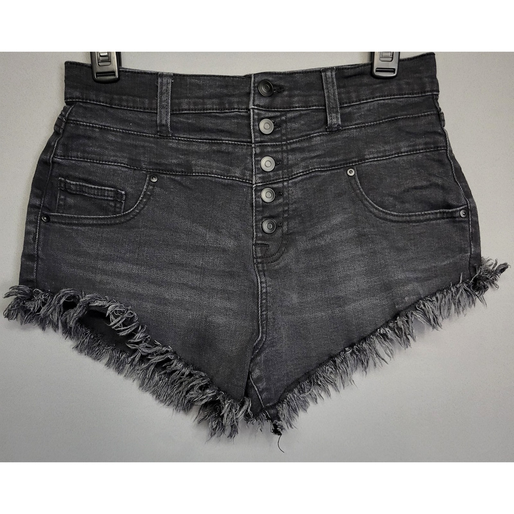 No Boundaries Shorts Womens 11 High Rise Button Fly Denim Frayed Hem Cutoff